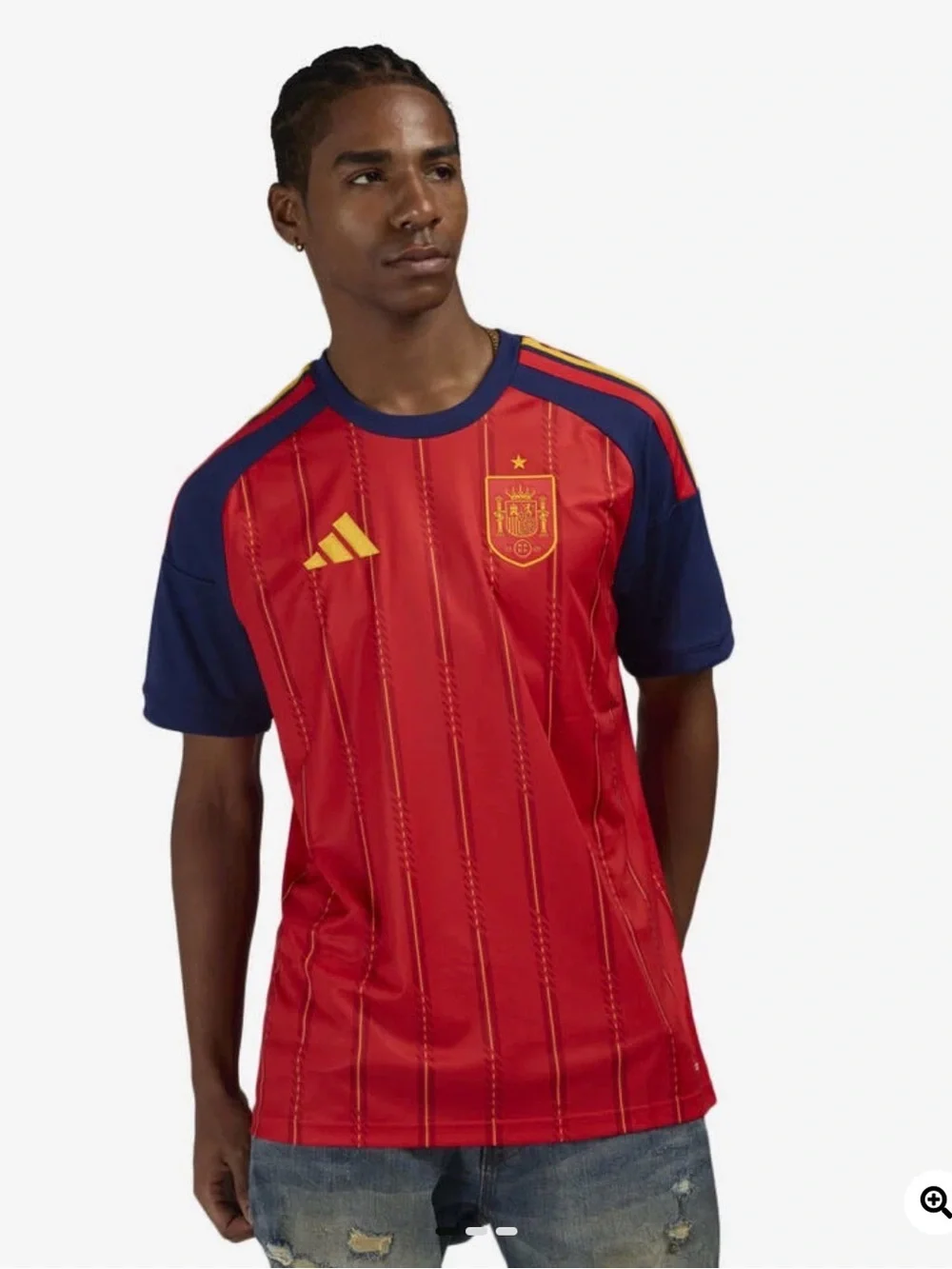 adidas Red and Navy Spain Soccer Jersey with Gold Accents